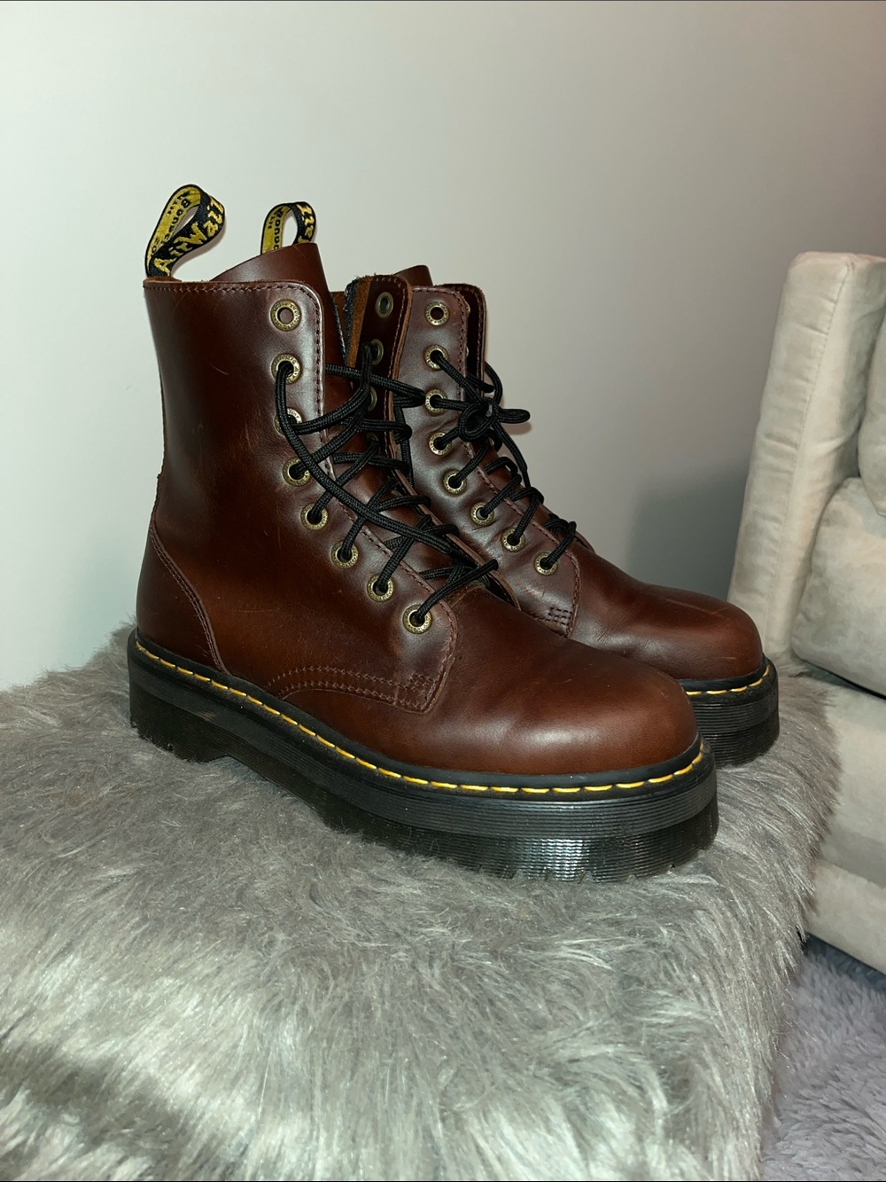 Dr. Martens Brown Leather 8-Eye Lace-Up Boots with Yellow Stitching